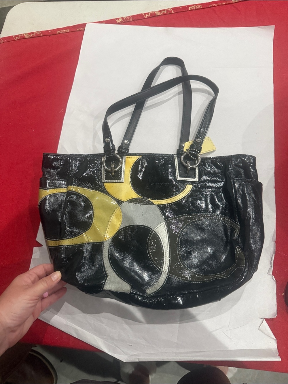 Coach Black Shoulder Tote with Yellow and Gray Circle Accents
